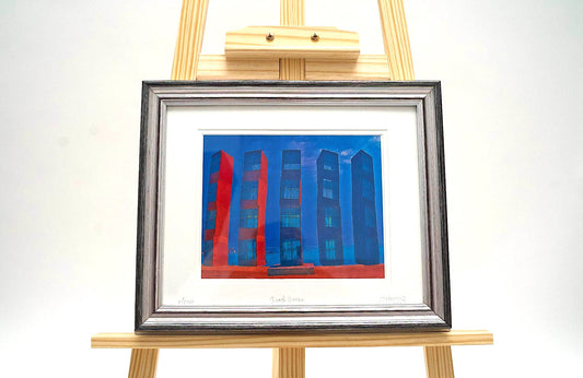 red and blue cityscape